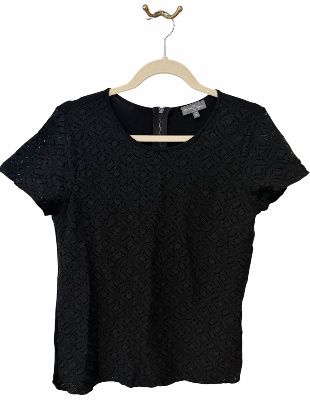 Market & Spruce Black Textured Knit Top Short Sleeve Back Zip Medium